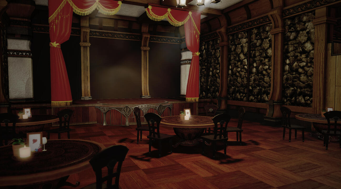 Wooden stage with red curtains and stone walls.